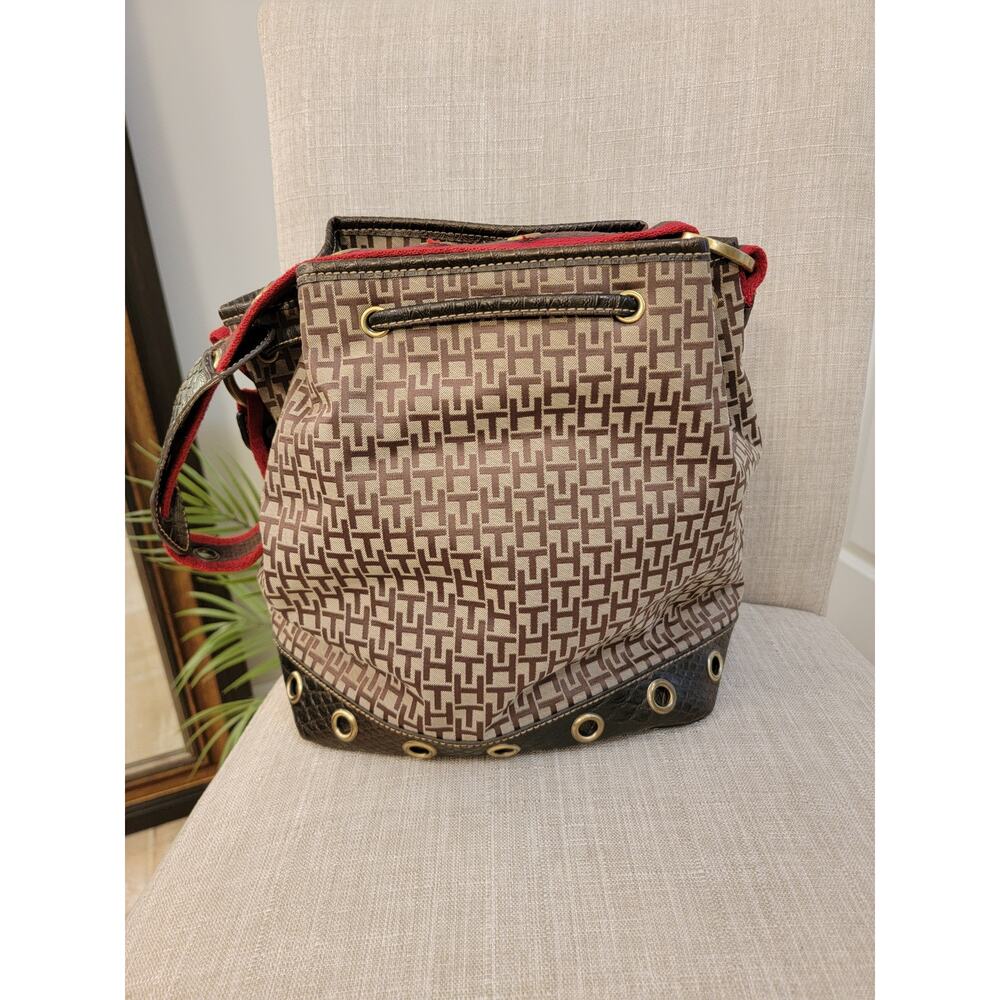 Tommy Hilfiger Monogram Drawstring Bucket Bag Snakeskin Print Grommet Crossbody - Picture 4 of 8